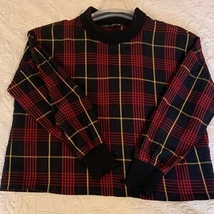 Zara Red and Black Plaid Top ribbed mock turtleneck